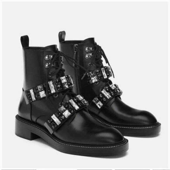 ZARA Woman Crystal Embellished Leather Combat Boots Black Size 10.5